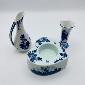 Delft Blue Pottery, 3 Pc, Miniature Pitcher and Vase, Tea light Holder, #852.